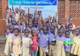 Students with their new pencils