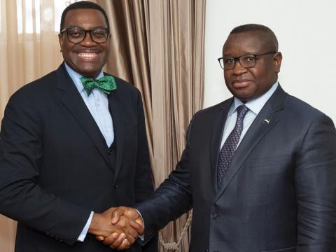 President Julius Maada Bio and AfBD President Akinwumi Adesina in a meeting in Freetown in March 2020